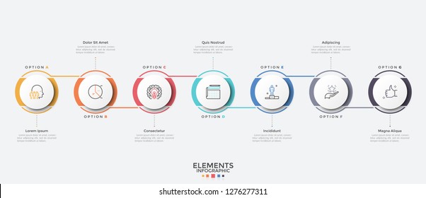 Seven circular elements arranged in horizontal row and connected. Modern infographic design template. Concept of 7 stages of business process. Vector illustration for presentation, report, banner.
