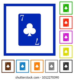 Seven of clubs card flat color icons in square frames on white background