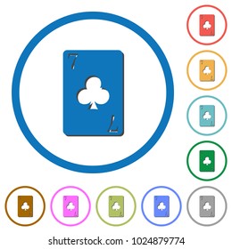 Seven of clubs card flat color vector icons with shadows in round outlines on white background