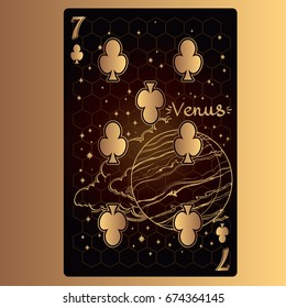 Seven of clubs. Playing card with original design on the theme of space.