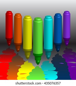 Seven color markers, aligned, draw iridescent strips