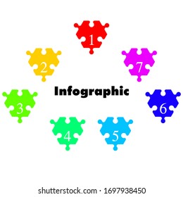 Seven color pieces puzzle hexagonal diagram. Hexagon business presentation infographic. 7 steps, parts, pieces of process diagram. Jigsaw puzzle info graphic. Marketing strategy. Vector.