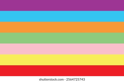 Seven color stripes of horizontal daily symbols Red is Sunday, Yellow is Monday, Pink is Tuesday, Green is Wednesday, Orange is Thursday. Blue is Friday, purple is Saturday.