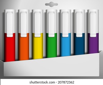 Seven colored felt pens in a box. Vector illustration.