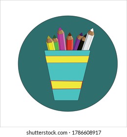 seven colored pencils in blue-yellow cups