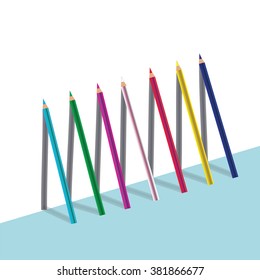 seven colored pencils casts a shadow vector light background