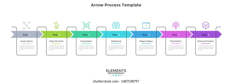 Seven colorful arrows placed in horizontal row. Concept of 7 steps or stages of business development plan. Minimal infographic design template. Vector illustration for presentation, progress bar.