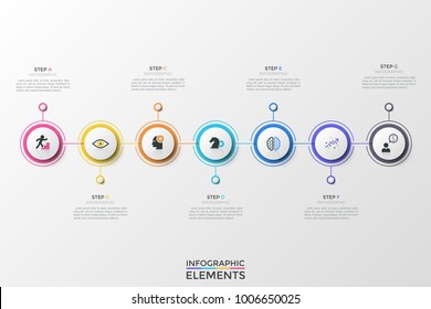 Seven colorful circular elements with icons inside arranged into horizontal row and connected by line. Concept of 7 steps of development. Creative infographic design template. Vector illustration.