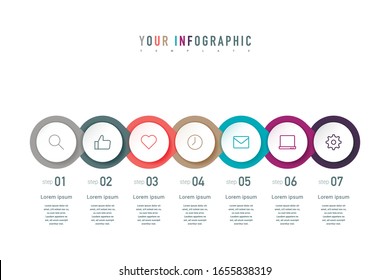 Siete elementos coloridos, pictogramas de línea delgada, punteros. Diseño de concepto gráfico con 7 pasos sucesivos. Se puede utilizar para informes anuales, diagramas de flujo, diagramas y presentaciones. Ilustración vectorial.