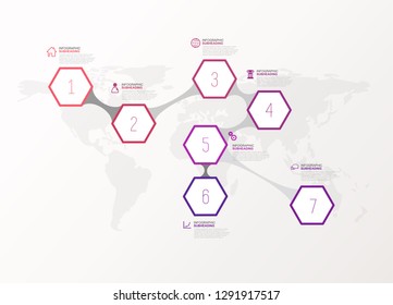 Seven colorful hexagons vector progress steps illustration with icons and place for your company information. It can be used for presentation, web design, quotes, survey, banner, study.
