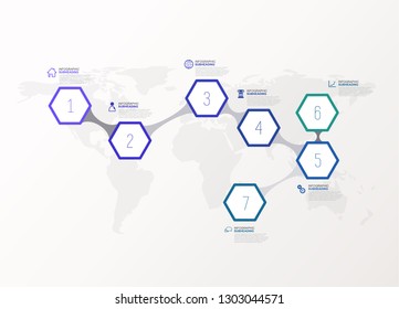 Seven colorful hexagons vector progress steps illustration with icons and place for your company information. It can be used for presentation, web design, quotes, survey, banner, study.