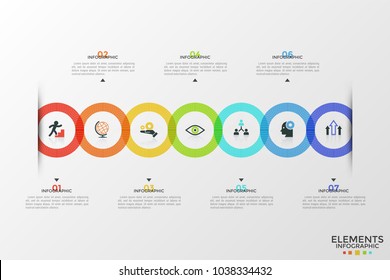 Seven colorful intersected round elements with thin line icons inside arranged into horizontal row, text boxes. Concept of 7 steps of strategic plan. Infographic design template. Vector illustration.