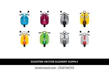 Seven colorful scooters on white background, great for transportation, urban, lifestyle, and leisurethemed design projects or marketing materials.