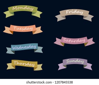Seven colorful vintage ribbons in the style of " Provence " in stripes on the navy background. On each ribbon was written the day of the week. Vector illustration