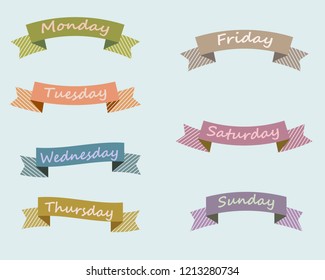 Seven colorful vintage ribbons in the style of" Provence " in stripes on the blue background. On each ribbon was written the day of the week. Vector illustration