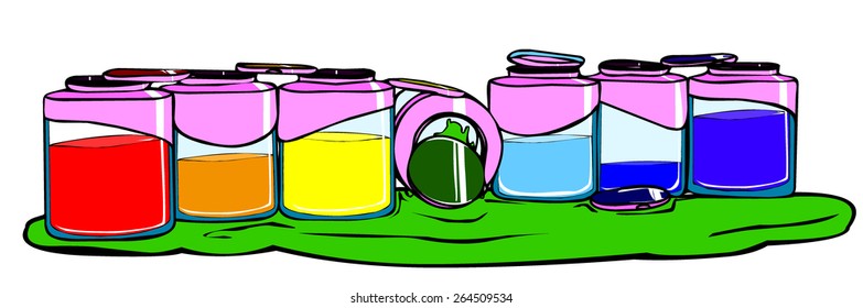 seven colors of the rainbow jars and one with green paint fell on its side pouring paint