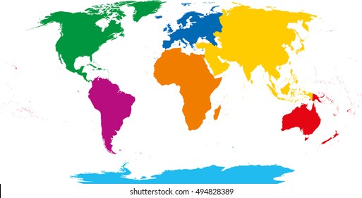 Seven continents map. Asia yellow, Africa orange, North America green, South America purple, Antarctica cyan, Europe blue and Australia in red color. Robinson projection over white. Illustration.