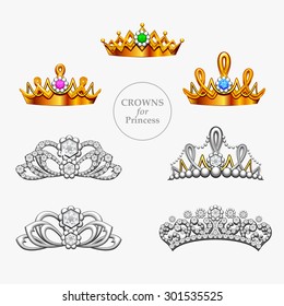 Seven crowns for a princess. Fantasy collection of golden and silver crowns and diadems 