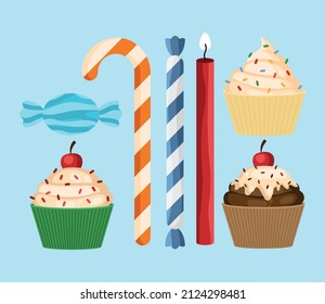 seven cupcake pastry set icons