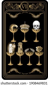 Seven of cups. Card of Minor arcana black and gold tarot cards. Tarot deck. Vector hand drawn illustration with skull, occult, mystical and esoteric symbols.