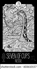 Seven of cups. Loch Ness monster. Minor Arcana Tarot card. Fantasy line art illustration. Engraved vector drawing. See all collection in my portfolio set.