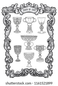 Seven of cups. Minor Arcana tarot card. The Magic Gate deck. Fantasy engraved vector illustration with occult mysterious symbols and esoteric concept