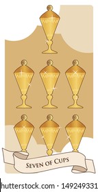 Seven of cups. Tarot cards. Seven cups with a lid, golden and shiny on a cloud background