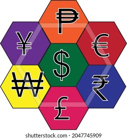 Seven currency symbols on hexagon  - Monetary Illustration - Financial vector