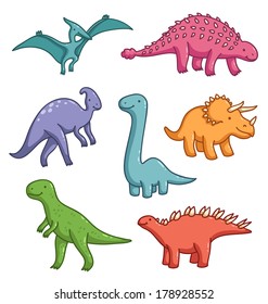 Seven cute colorful cartoon dinosaurs