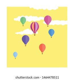 Seven cute, colourful hot air balloons floating through a yellow sky with fluffy white clouds.  Kitsch, retro feel hand drawn art.  Dreamy themed illustration.  Balloons floating up in the air.