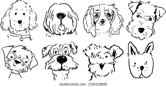 Seven cute dogs illustration in black and white