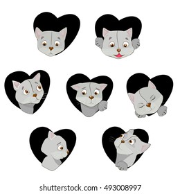 Seven cute feline muzzles in cartoon style set