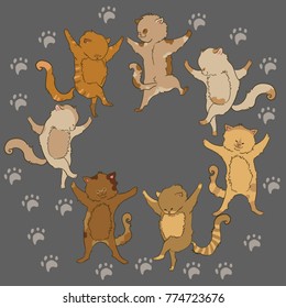 Seven dancing cats on a gray background. Multicolored and orange kittens cartoon style.
Vector illustration cartoon style.