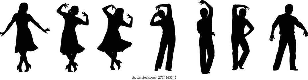 Seven dancing silhouettes isolated on transparent background