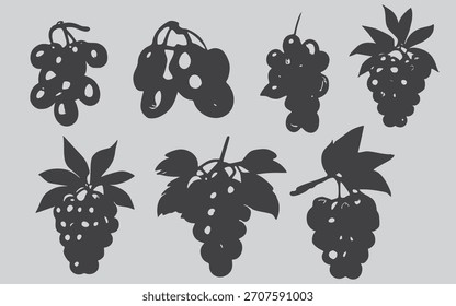 Siete siluetas oscuras de uva se muestran sobre un fondo azul pálido. Cada uno cuenta con un racimo de uvas y hojas, mostrando varias Formas. Ideal para fruta, vino, alimentación saludable.
