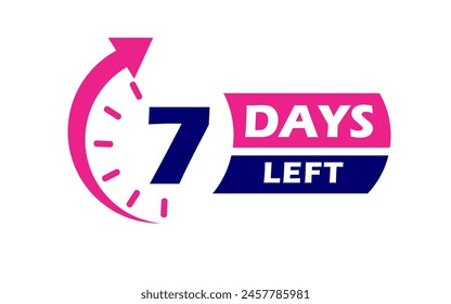 Seven days left lable, Seven day to go label, 7 days left lable, pink and blue flat with alarm clock design, promotion icon for time count. Vector stock illustration.