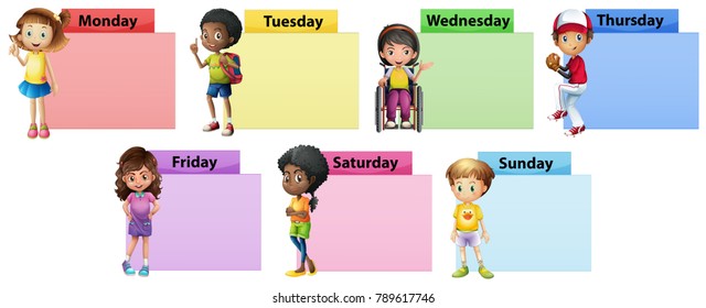 Seven Days Of The Week Note Template With Kids Illustration