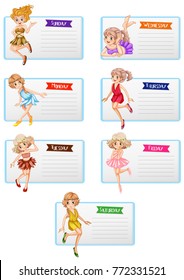 Seven days of the week template with cute fairies illustration