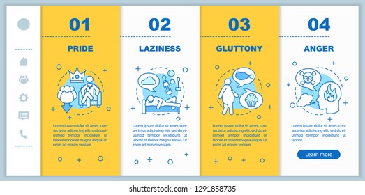 Seven deadly sins onboarding mobile app page screen vector template. Christianity. Pride, anger, gluttony, laziness walkthrough steps with linear illustrations. UX, GUI smartphone interface concept