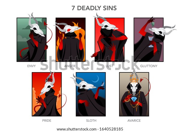 Seven deadly sins set. Christian bible\
character. Anger, envy, lust and glottony. Pride, sloth and\
avarice. Vector\
illustration.