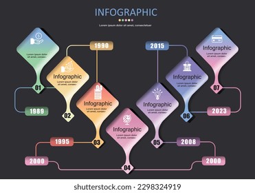 Seven diamond or diamond infographic vectors showing timelines or planning workflows with clear lines laid on a dark gray background for financial, education or management presentations.