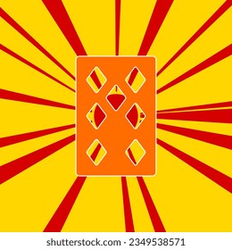 Seven of diamonds playing card on a background of red flash explosion radial lines. A large orange symbol is located in the center of the sunrise. Vector illustration on yellow background