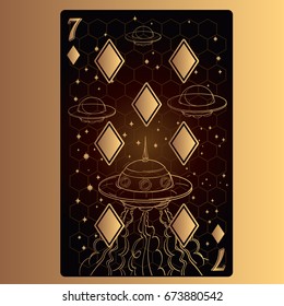 Seven of diamonds. Playing card with original design on the theme of space.