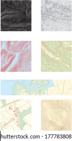 seven different abstract topographic and castral vector maps