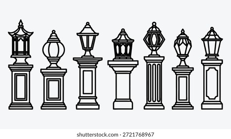 Siete postes de luz diferentes en blanco y negro en una fila sobre fondo gris