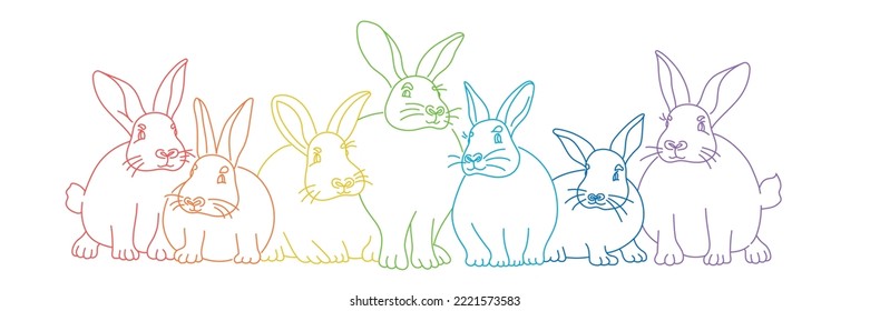 Siete conejos diferentes se sientan juntos. Ilustración vectorial de línea de color dibujada a mano.