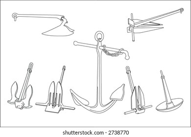Seven different realistic types of anchors in black and white vector.