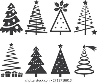 Sete diferentes árvores de Natal preto e branco estilizado com decorações