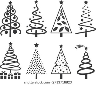 Sete árvores de Natal estilizadas diferentes em preto e branco