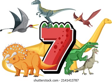 Seven dinosaurs with number seven cartoon illustration